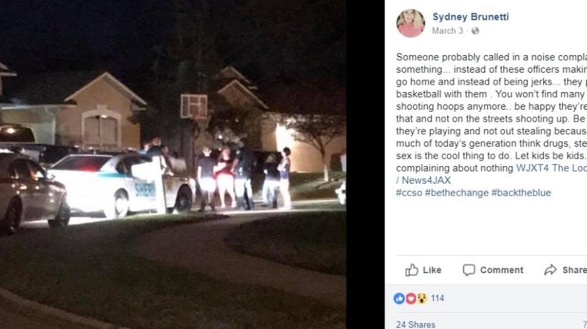 Sydney Brunetti captured an image on her Facebook page on March 3, 2018, of Jacksonville police playing basketball with a group of neighbor kids. Someone had called to report a noise complaint.