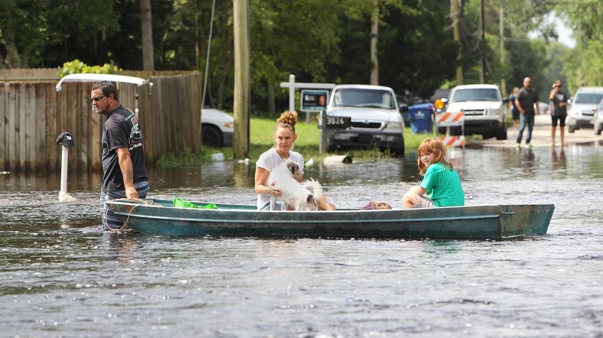 
After a night in a hotel following days of heavy rain and flooding, Doug Caple tows his wife, Erica, daughter, Anabel, right, and dog, Buck, home along Creek Drive in Elfers, Fla., Aug. 4, 2015, as the Anclote River’s currents continue to swirl through the flooded streets just south of SR 54 in Pasco County.
