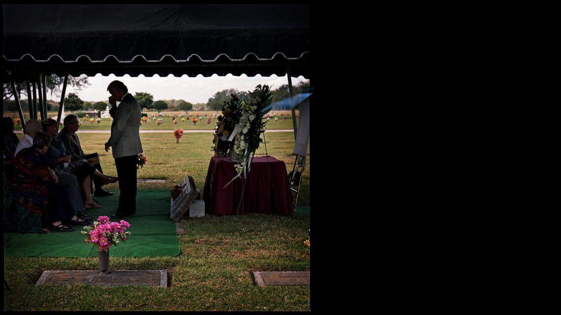 
Glen Varnadoe, the nephew of Thomas Varnadoe, is overcome with emotion at Thomas Varnadoe's burial in Plant City on November 24, 2014. Thomas Varnadoe died at the Florida School for Boys in 1934 and his family fought for decades to have them returned so that he could be buried properly. His remains were identified by a team of researchers from USF who exhumed a cemetery at the school in the Florida Panhandle.
