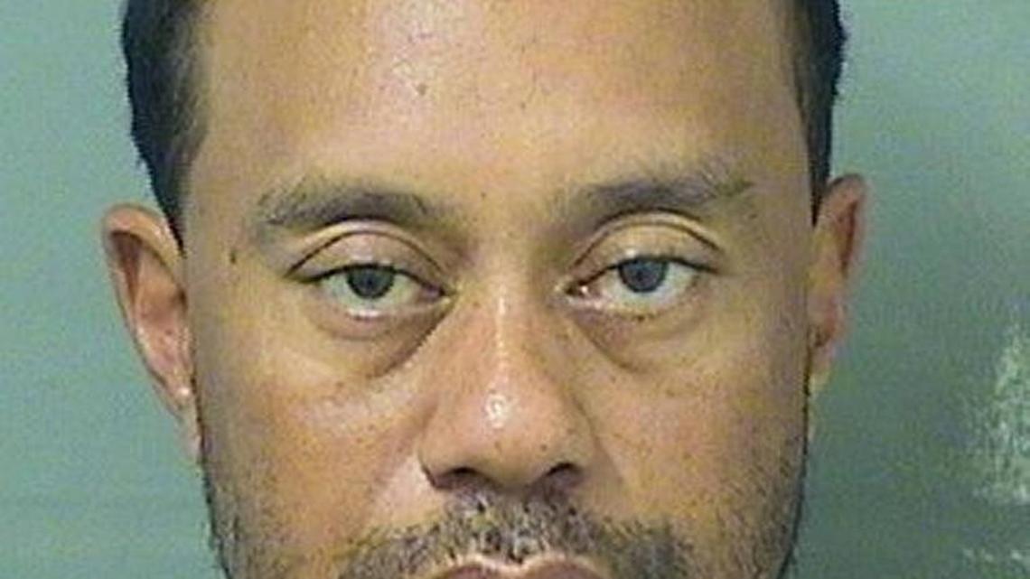 Tiger Woods in a booking mug on Monday.