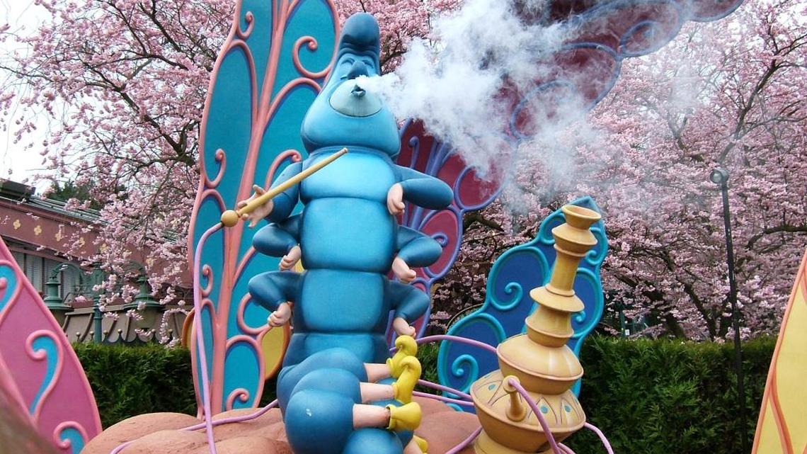 The Hookah-Smoking Caterpillar, similar to the one that Jones said told him to attack a construction site, at The Curious Labyrinth in Disneyland Paris.