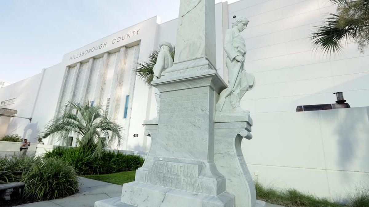 A Confederate statue is shown outside a Hillsborough County building Wednesday, Aug. 16, 2017, in Tampa, Fla. County Commissioners are meeting about the possible removal of the statue.