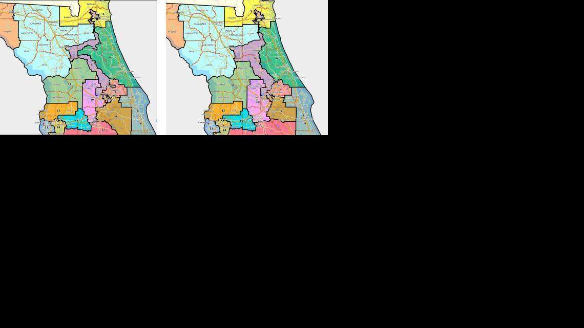 
After the court ordered the Florida Legislature to redraw two of the state’s congressional districts in August, lawmakers replaced the map on the left with the new version on the right. 
