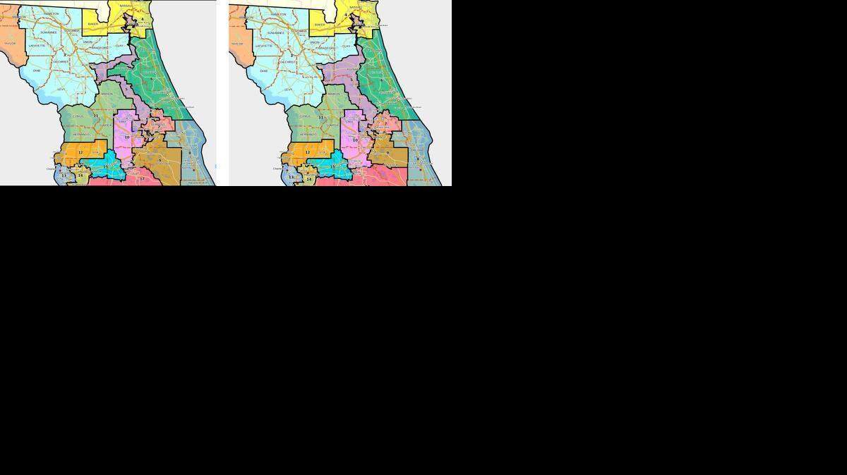 
After the court ordered the Florida Legislature to redraw two of the state’s congressional districts in August, lawmakers replaced the map on the left with the new version on the right. 
