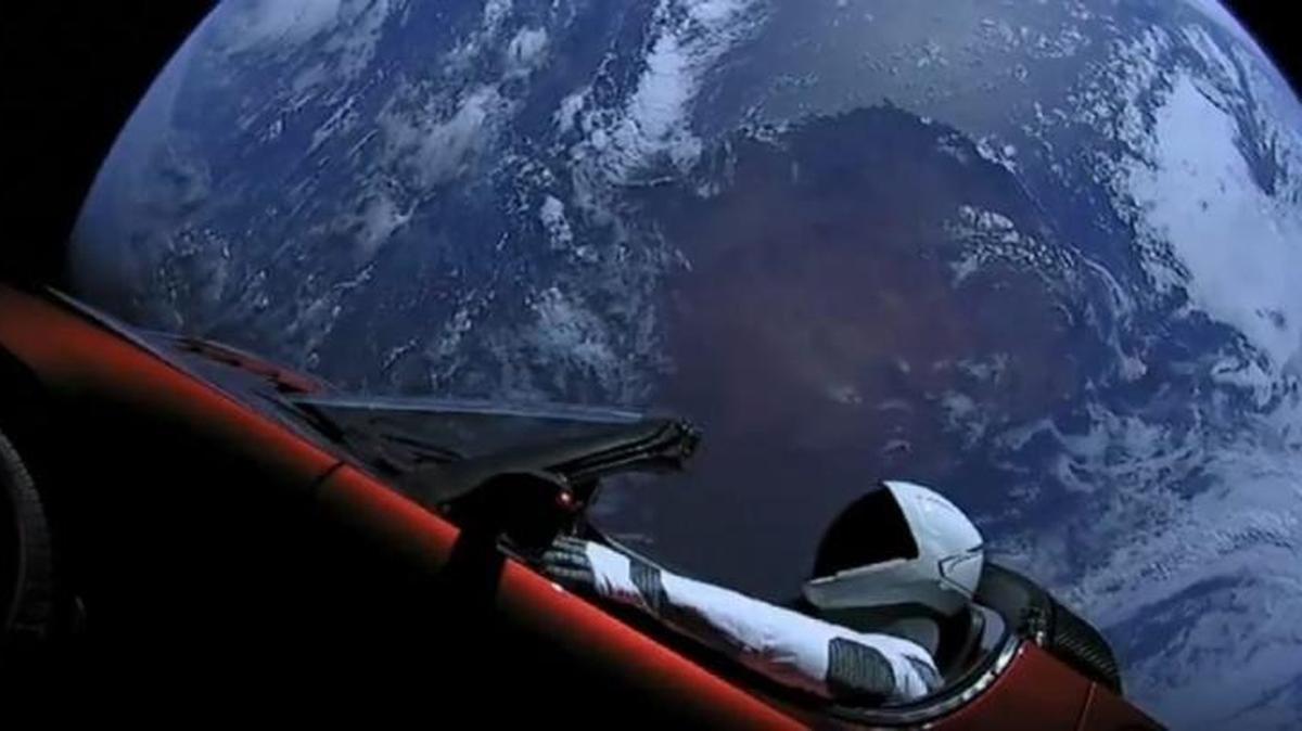 A screenshot of SpaceX’s livestream of the Tesla Roadster in space after being launched from the Kennedy Space Center on the maiden flight of the Falcon Heavy rocket on Feb. 6, 2018.