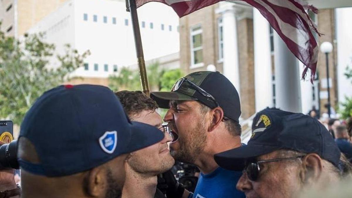 A pro-monument protester shouts down anti-monument protestors as activists gather to argue for the removal of the Confederate monument in front of the Manatee County Historic Courthouse on Monday evening in downtown Bradenton.