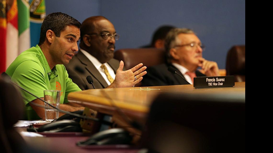 
Commissioner Francis Suarez Miami (left), Miami-Dade Commissioner Dennis C. Moss and Maurice Ferré, a member of the Miami-Dade Expressway Authority (MDX), requested transit statistics during a meeting of a special committee of the Metropolitan Planning Organization (MPO), which approves transportation projects in the county.
