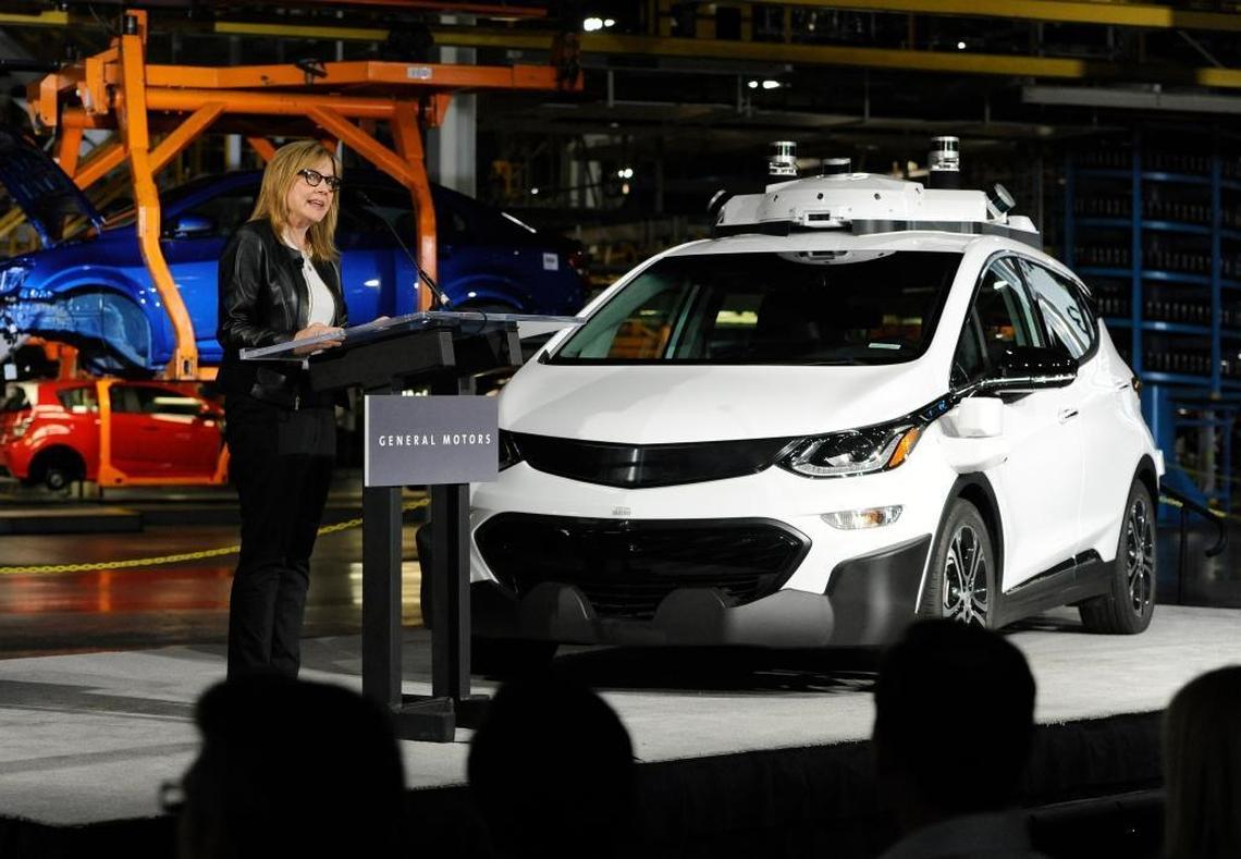 General Motors Chairman and CEO Mary Barra updates the media on the company’s autonomous vehicle development program, Tuesday, June 13, 2017, at GM’s Orion Assembly in Lake Orion, Michigan. Barra stands next to a self-driving Chevrolet Bolt EV.