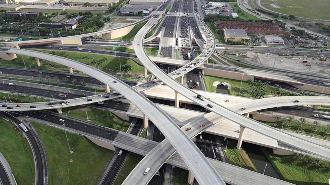 An aerial view of the completed State Road 836/Palmetto Expressway interchange.