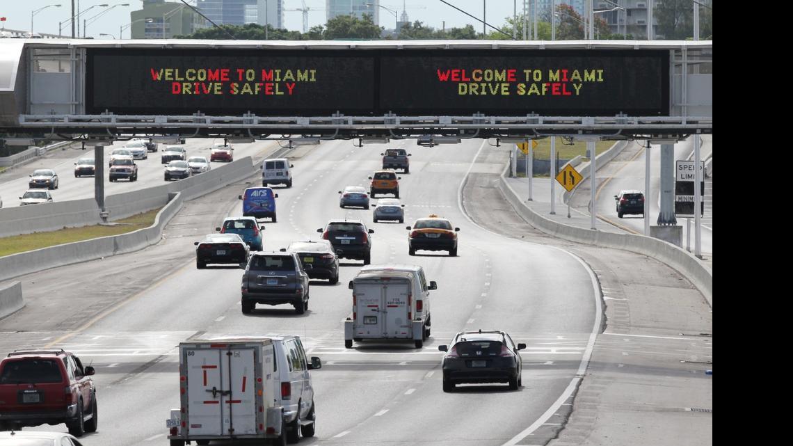 
"Welcome to Miami" sign located on the toll taker eastbound on the 836 approaching downtown. 
