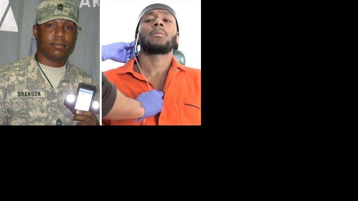 
At left, Army Sgt. 1st Class Vernon Branson at U.S. Navy base Guantánamo, posing with his iPod, from which he deleted music by Mos Def, at right, in a screen grab from his viral video portrayal of a prison camp forced feeding.
