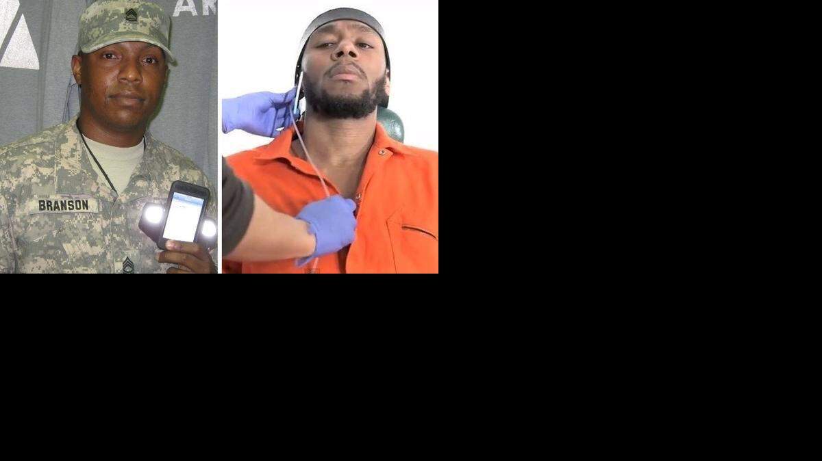
At left, Army Sgt. 1st Class Vernon Branson at U.S. Navy base Guantánamo, posing with his iPod, from which he deleted music by Mos Def, at right, in a screen grab from his viral video portrayal of a prison camp forced feeding.
