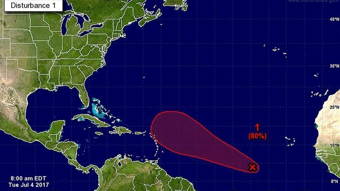 Tropical wave in the central Atlantic Ocean could become a tropical storm or depression as early as Wednesday.