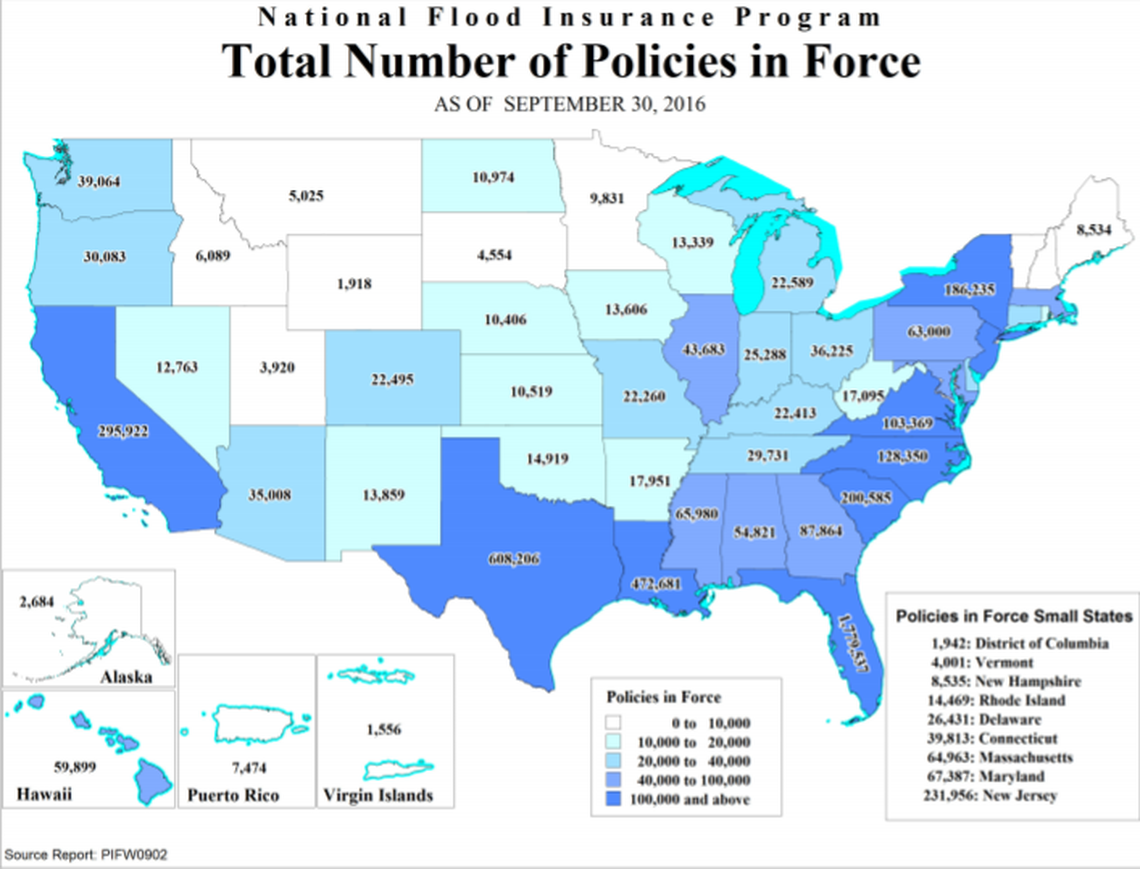The National Flood Insurance Program provides nearly three times the number of policies in Florida as any other state.