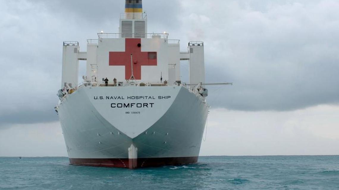 The Military Sealift Command hospital ship USNS Comfort (T-AH 20), anchored several miles off the coast of Belize. Comfort is on a four-month humanitarian deployment to Latin America and the Caribbean region to provide medical treatment to approximately 85,000 patients in a dozen countries. While deployed, Comfort is under operational control of U.S. Naval Forces Southern Command and tactical control of Destroyer Squadron 24.
