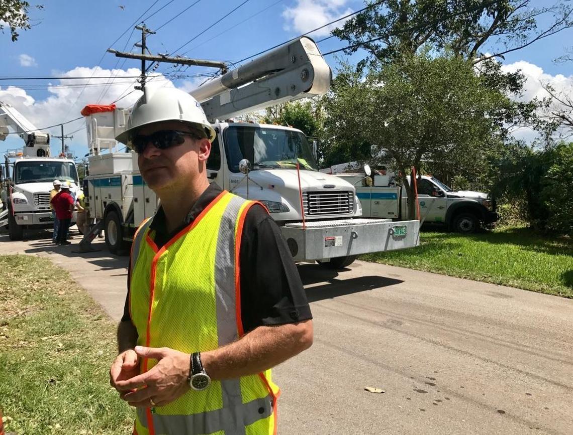 FPL President and CEO Eric Silagy meets the media at a restoration site Tuesday afternoon in southwest Miami-Dade County in the aftermath of Hurricane Irma.