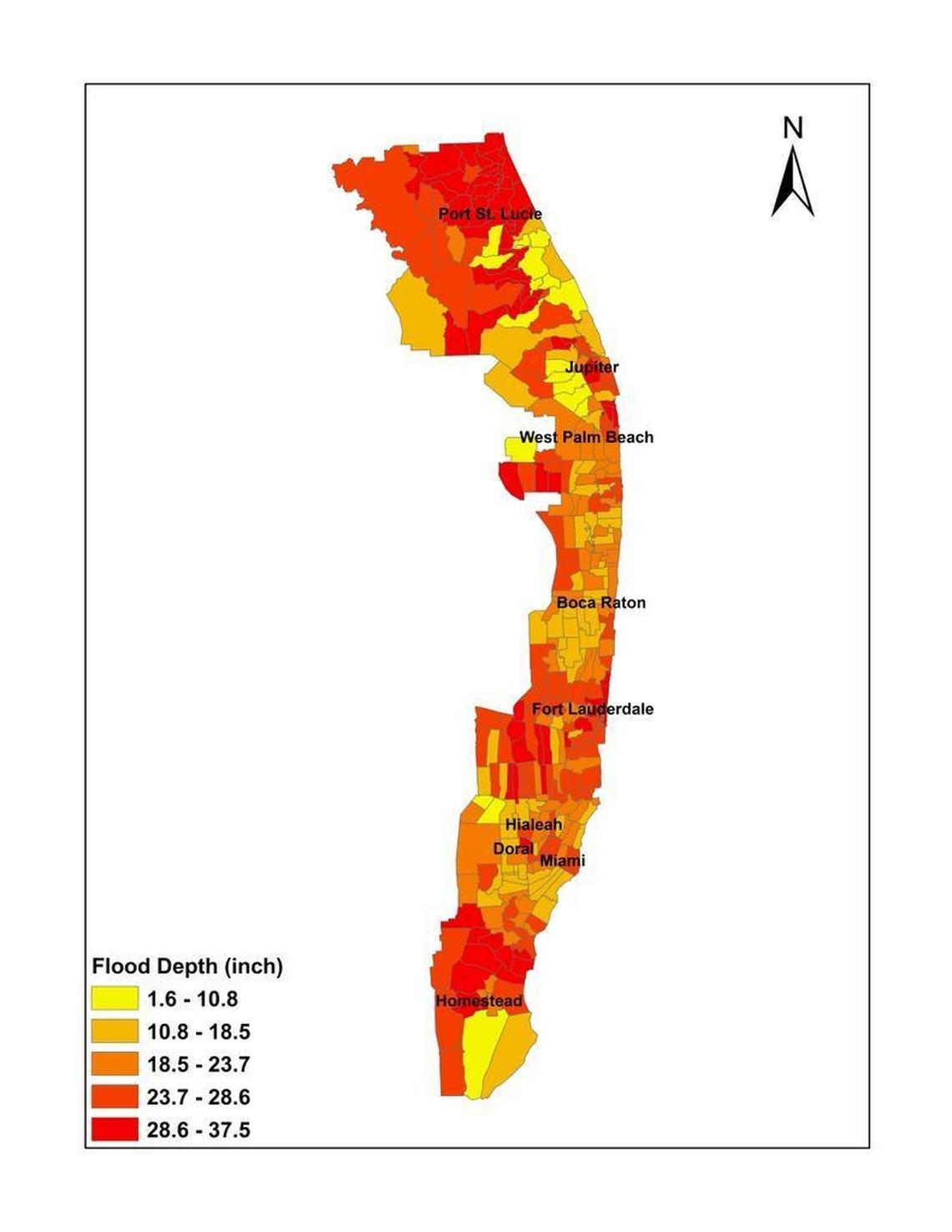 Omar Abdul-Aziz, an engineer and assistant professor at the University of West Virginia, created a computer model to predict rainfall flooding in Florida as part of a state effort to re-assess insurance rates. This map shows how flooding would occur in Southeast Florida during 40 inches of rainfall over 48 hours.