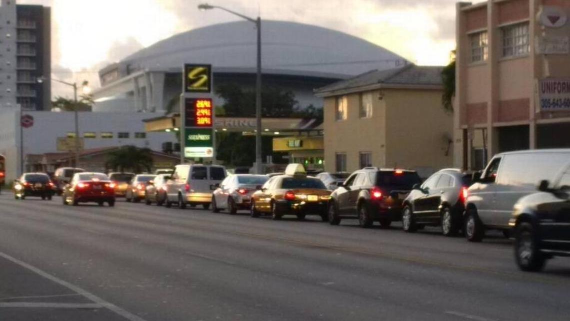 Gas lines near Marlins Park on Wednesday, Sept. 6 as Hurricane Irma approaches Miami.