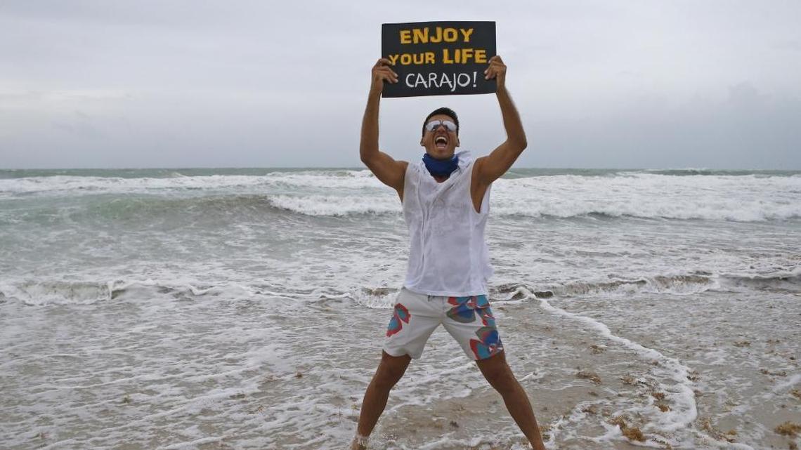 Javier Narvaez poses on Miami Beach as the outer bands of Hurricane Irma reached South Florida early Saturday morning, September 9, 2017.