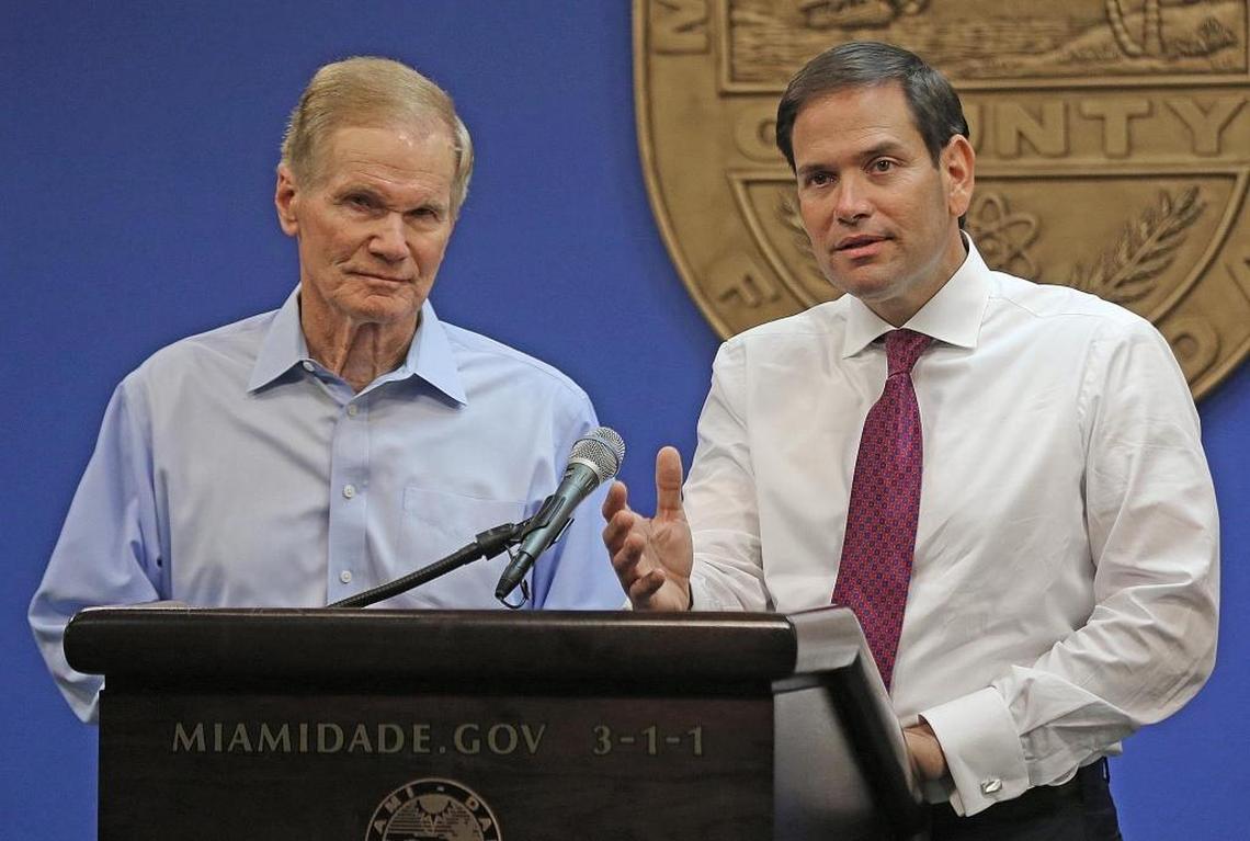 Florida Sens. Bill Nelson, left, and Marco Rubio met with Miami-Dade County emergency managers Wednesday ahead of Hurricane Irma.
