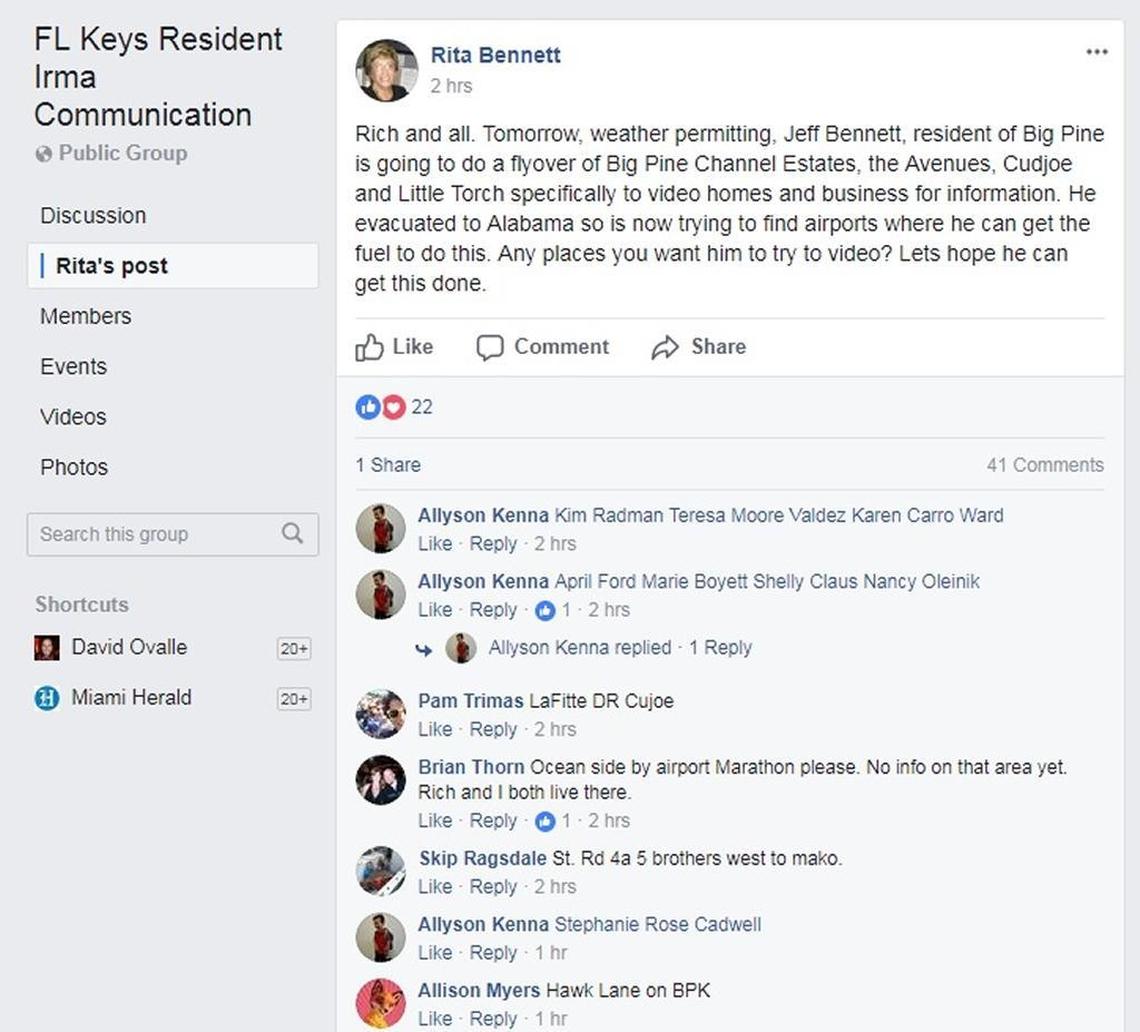 Screenshot of the Facebook page created by people looking for information on loved ones and properties stuck in the Florida Keys in the wake of Hurricane Irma.