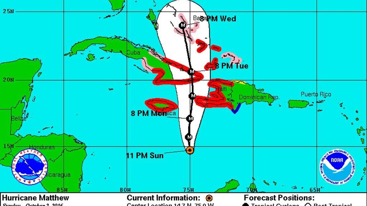 Hurricane Matthew’s projected path as of 11 p.m. Sunday.