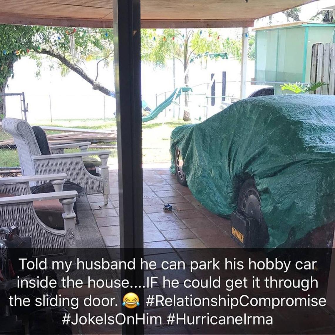Mai-Lee Acea, who lives in Hialeah, told her husband Tomas he could put his vintage car in the living room ahead of Irma — if he could get it in through the sliding glass doors.