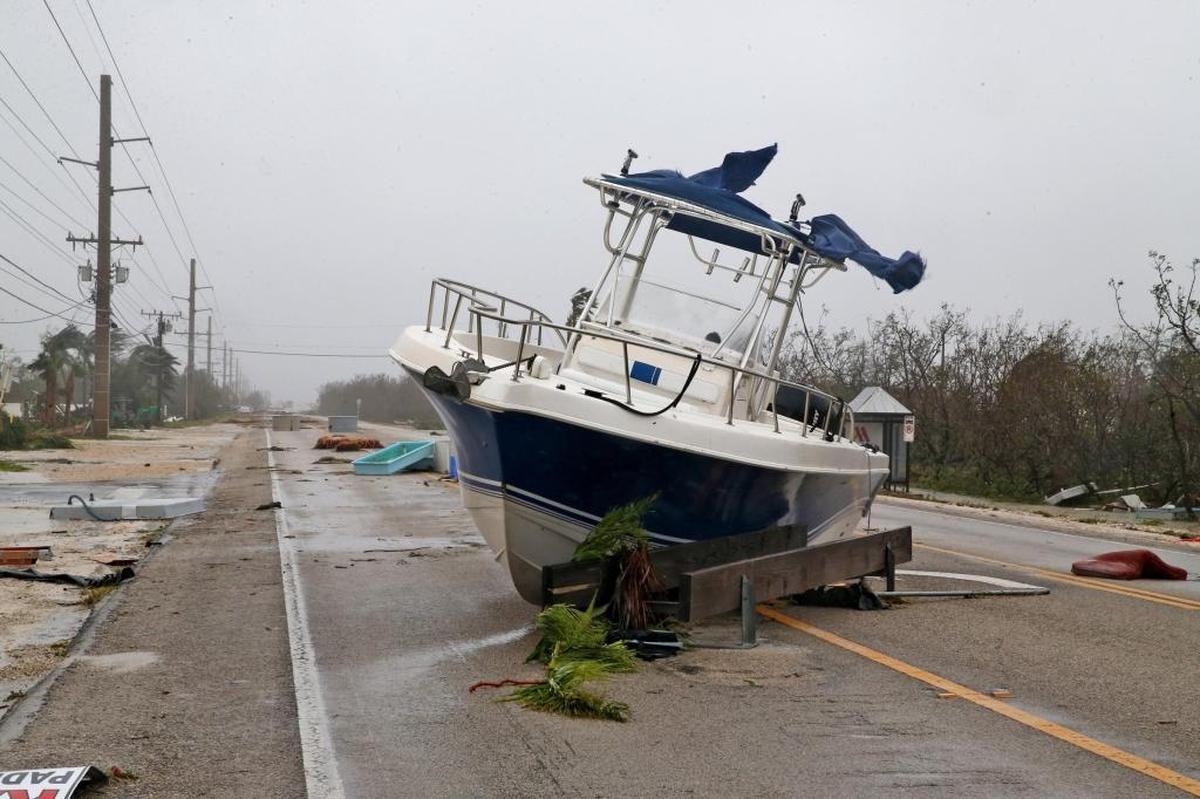 A boat was hurled into the center of the Overseas Highway on Summerland Key by the surge from Hurricane Irma, September 10, 2017. Summerland Key got the dirty side of Irma's eye.