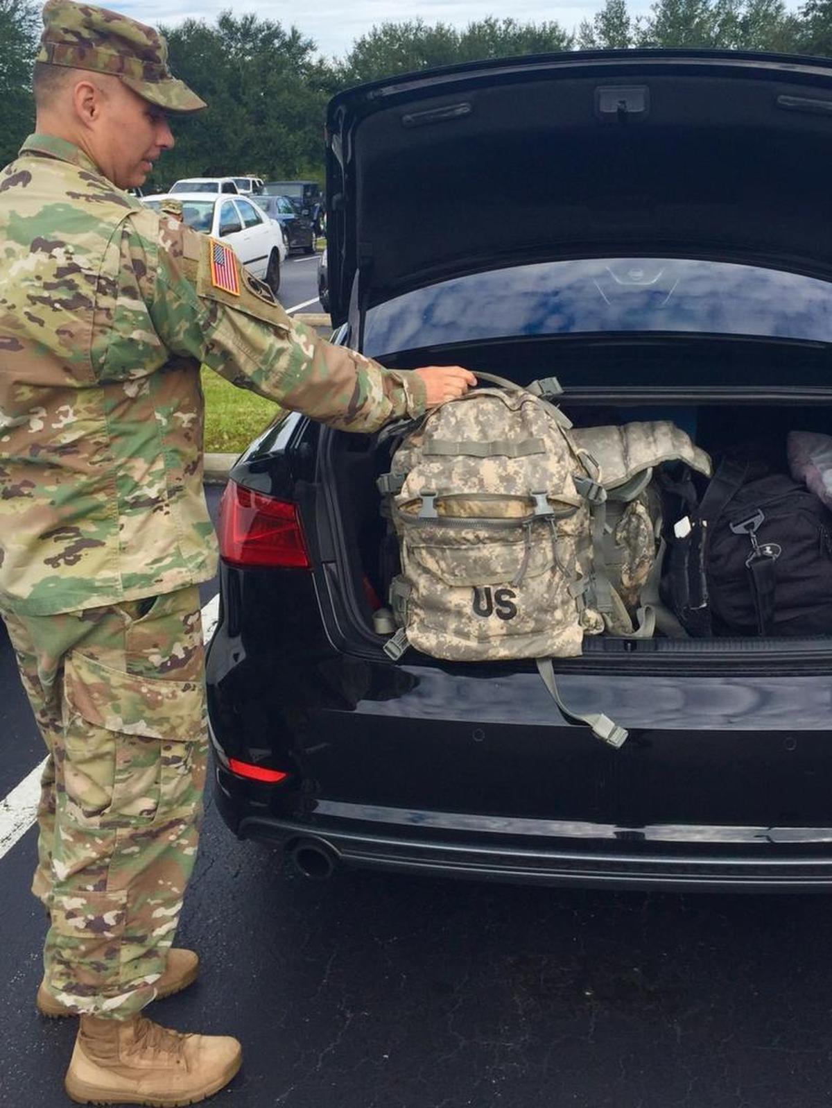 Florida National Guardsman Sgt. 1st Class Frank Coger prepares for activation in support of Hurricane Irma Sept. 7, 2017, at St. Augustine in this U.S. Army handout photo. Coger is part of the Staff Coordination and Assistance Team, and will work as a liaison to help place soldiers at Points of Distribution — after Hurricane Irma passes.