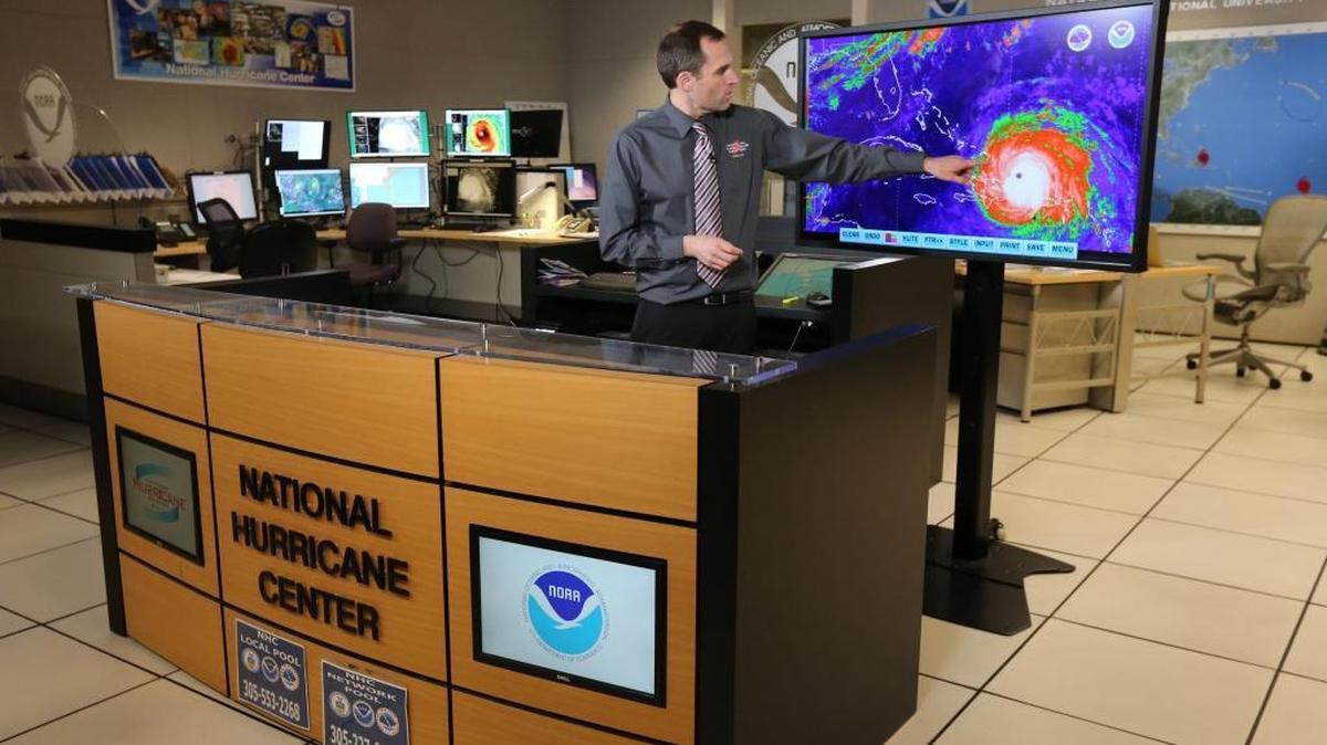 Mike Brennan, then the acting branch chief of the Hurricane Specialist Unit at the National Hurricane Center, gives the 2 p.m. update on Hurricane Irma on Sept. 7, 2017. He is now the new director of the hurricane center.