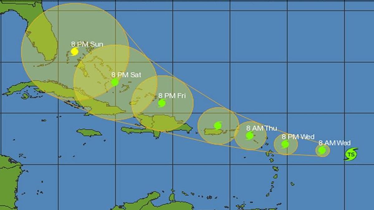 
Tropical Storm Erika’s projected path as of 11 p.m. Tuesday. 
