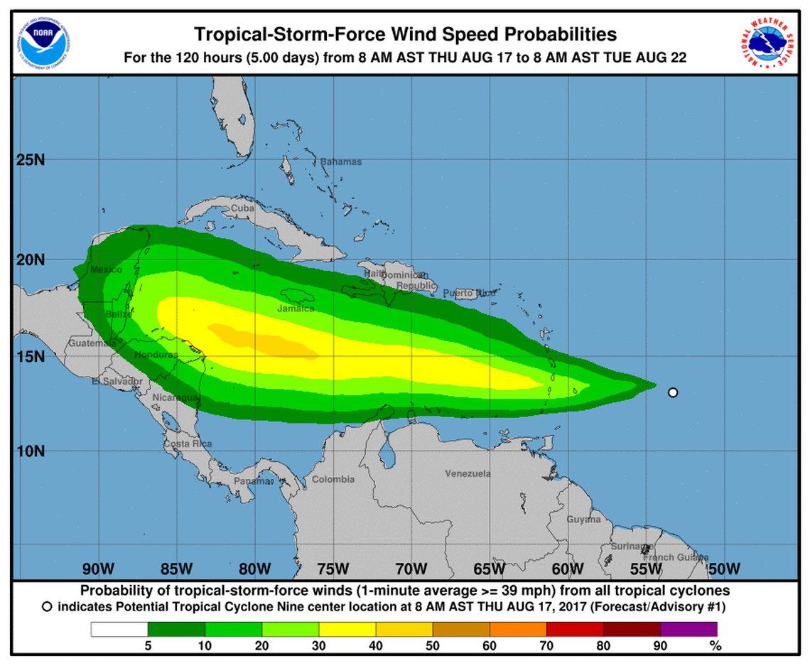 Forecasters say a potential tropical depression, which would be the ninth of the season, is headed twoard the Caribbean Sea and could begin blowing tropical storm force winds across the Windward Islands over the next two days.