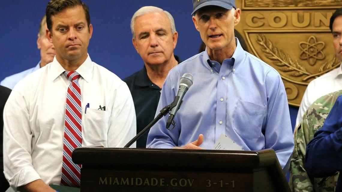 Rick Scott talks to the media at the EOC headquarters in Doral as Hurricane Irma approaches Florida, September 6, 2017.,