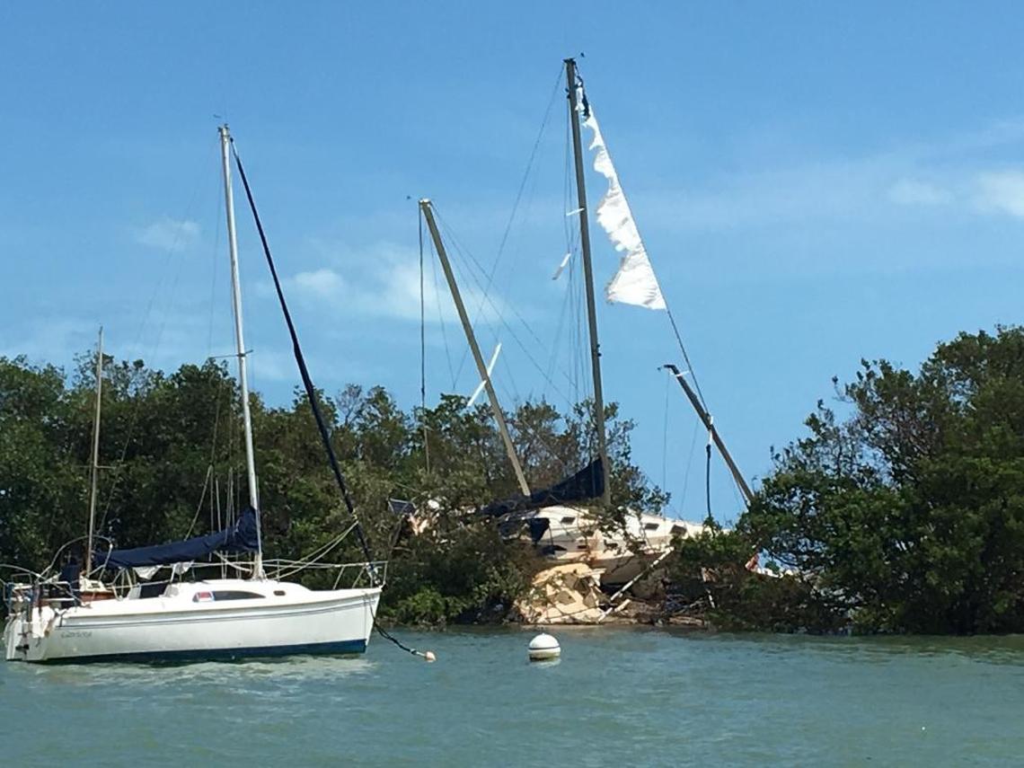 A pile-up of sailboats on Clarington Island, a spoil island that sits off of the Coconut Grove Sailing Club. To the left is a sailboat safely secured to one of the club’s moorings after returning to the area after Irma passed. Almost all of the sailboats on the mooring field left prior to Irma’s arrival.
