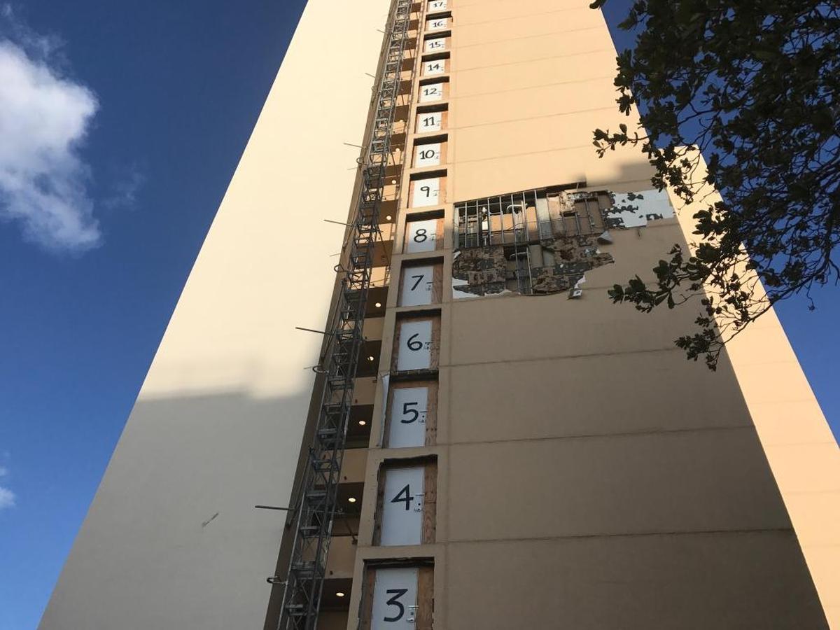 Civic Towers Senior public housing complex in Allapattah sustained damage from Hurricane Irma, including ripped-off panels on the seventh and eighth floor.