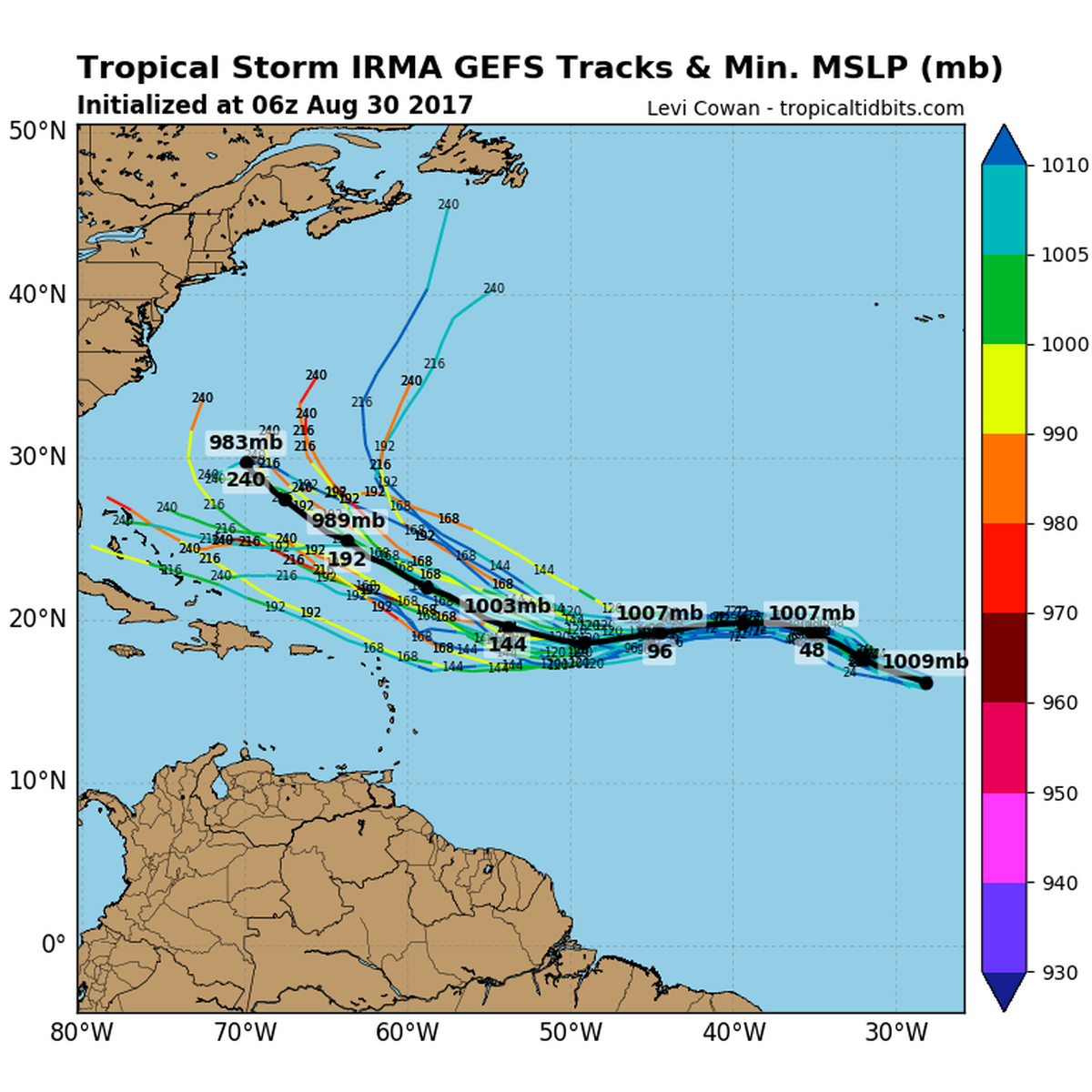 An ensemble run of hurricane track models show Irma heading to the west, northwest but it’s not yet clear whether the storm will be steered more to the northwest or toward the U.S. coast.