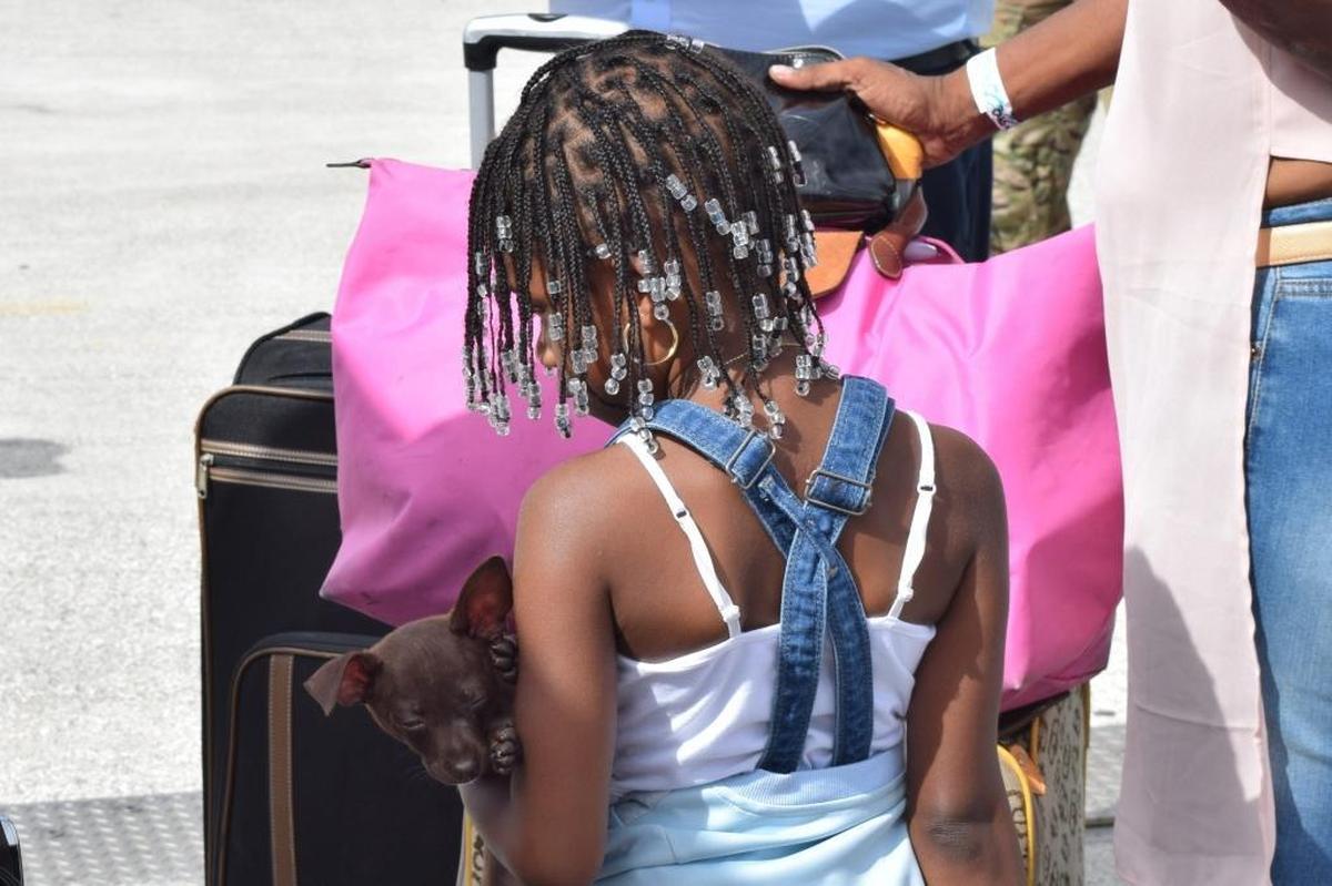 A girl and her dog get ready to board the Majesty of the Seas in St. Martin. The Miami-based Royal Caribbean has been allowing evacuees from hard-hit islands to travel with their pets.