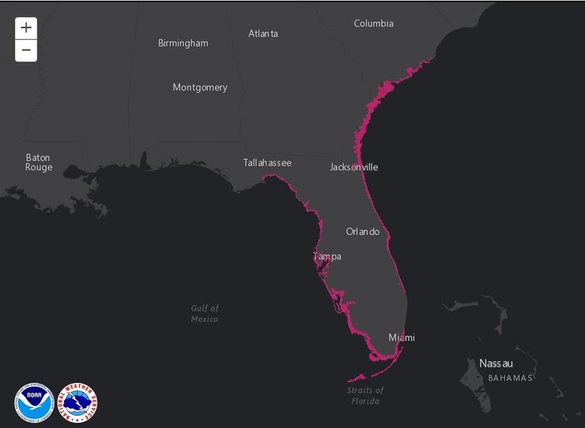 A storm surge warning map generated by the National Weather Service at 11 p.m. on Sunday, Sept. 10, 2017.