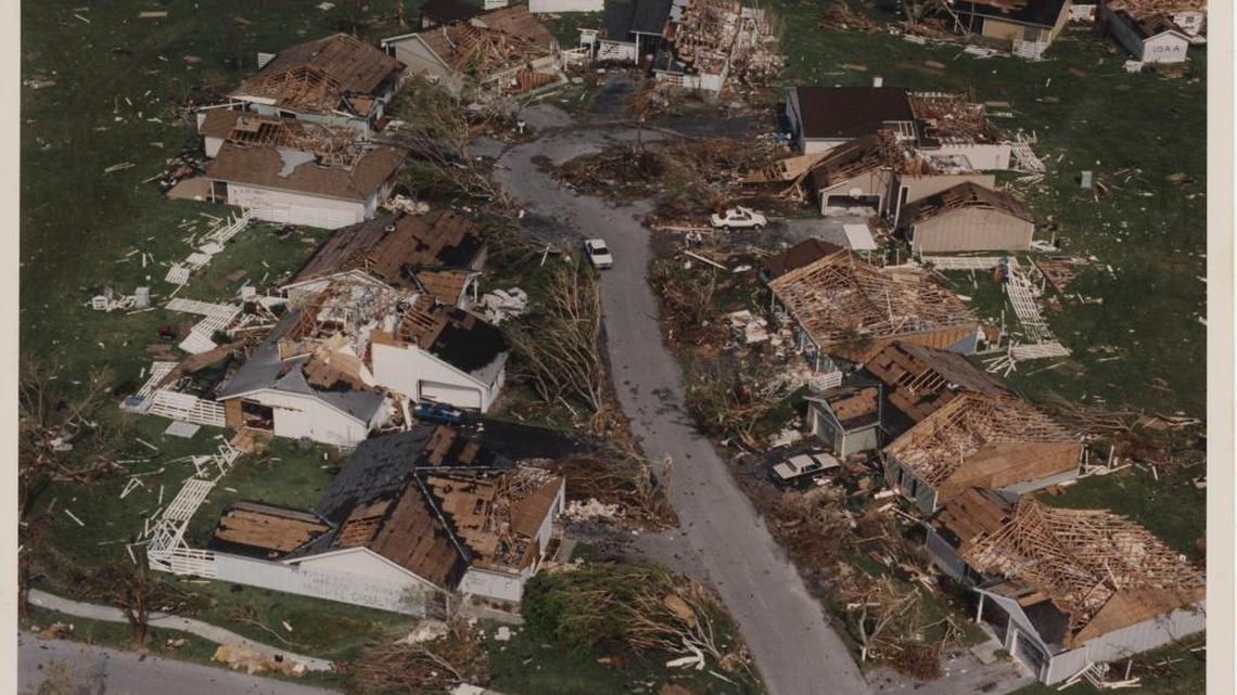 Aerial view of the destruction caused by Hurricane Andrew at Country Walk in South Dade in August 1992.