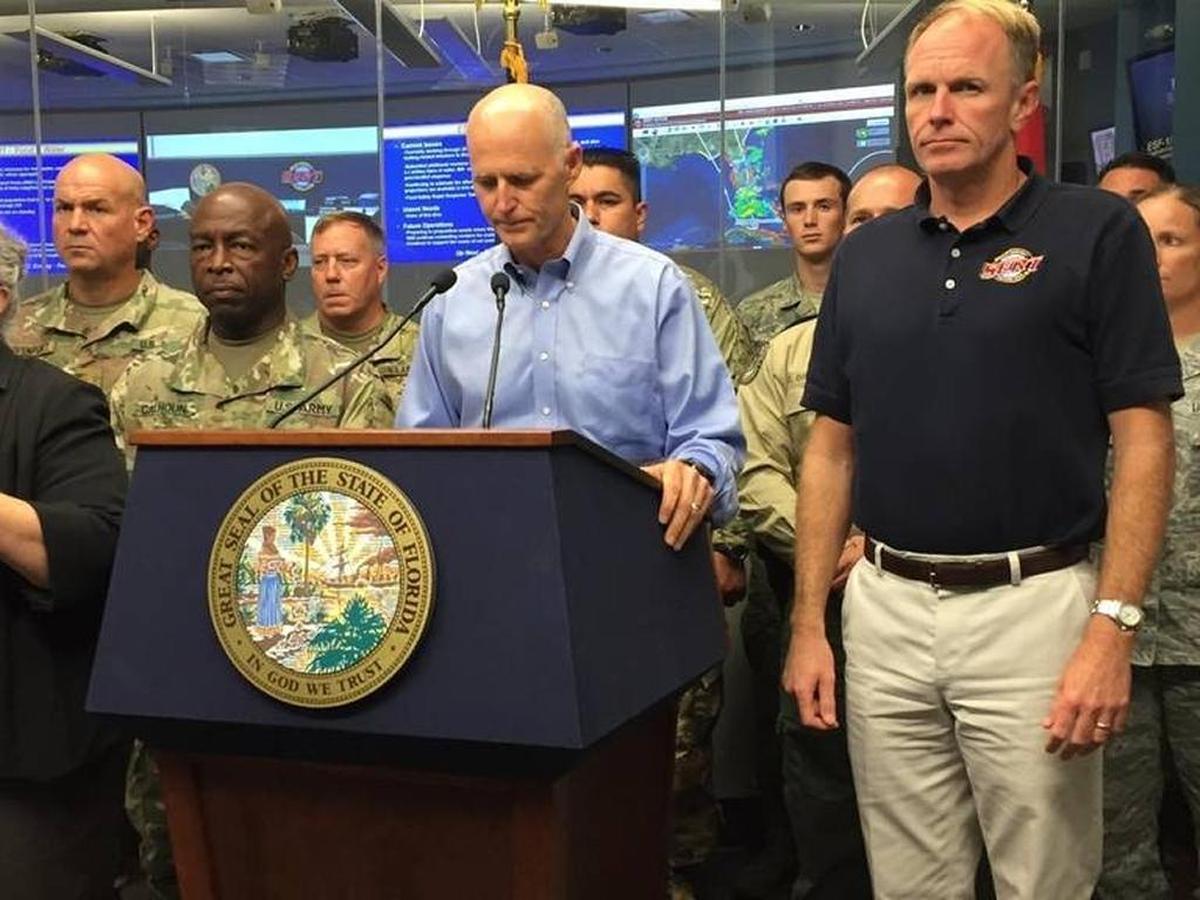 Gov. Rick Scott briefs reporters at the Emergency Operations Center in Tallahassee late Saturday. “The heart of this storm is quickly approaching.”