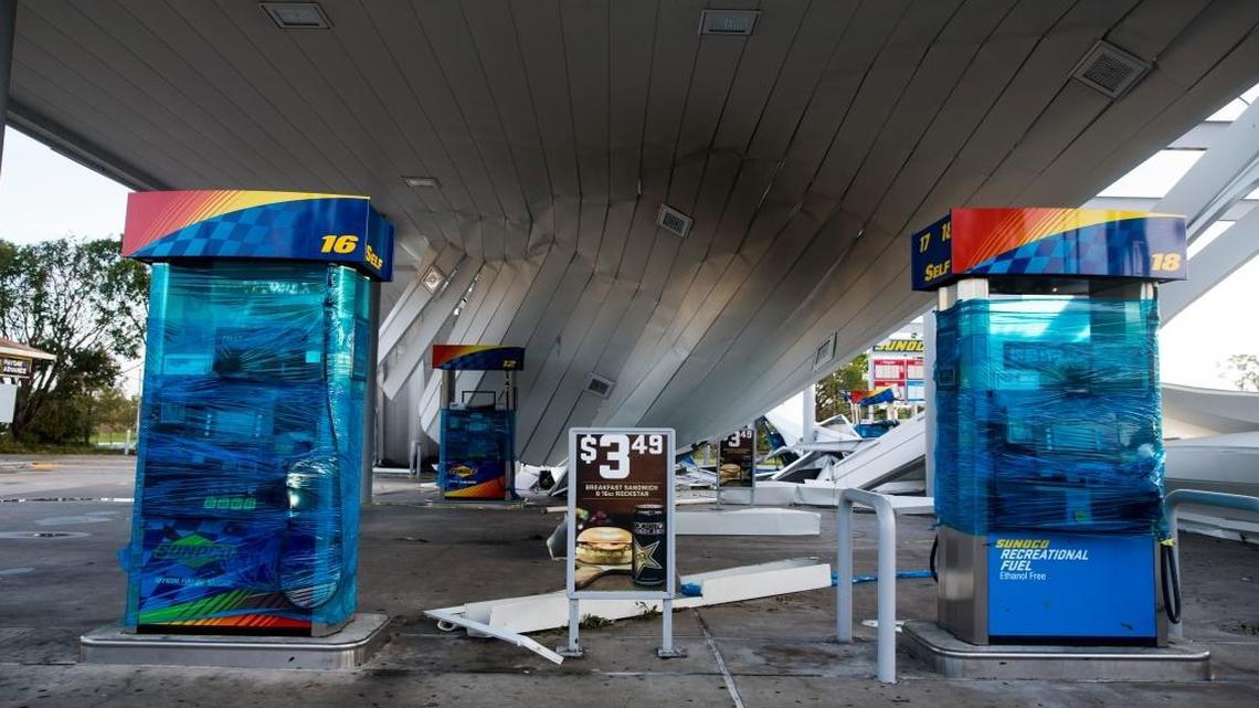 The roof of a Sunoco gas station is destroyed after Hurricane Irma in Bonita Springs, Fla., Monday, Sept. 11, 2017.