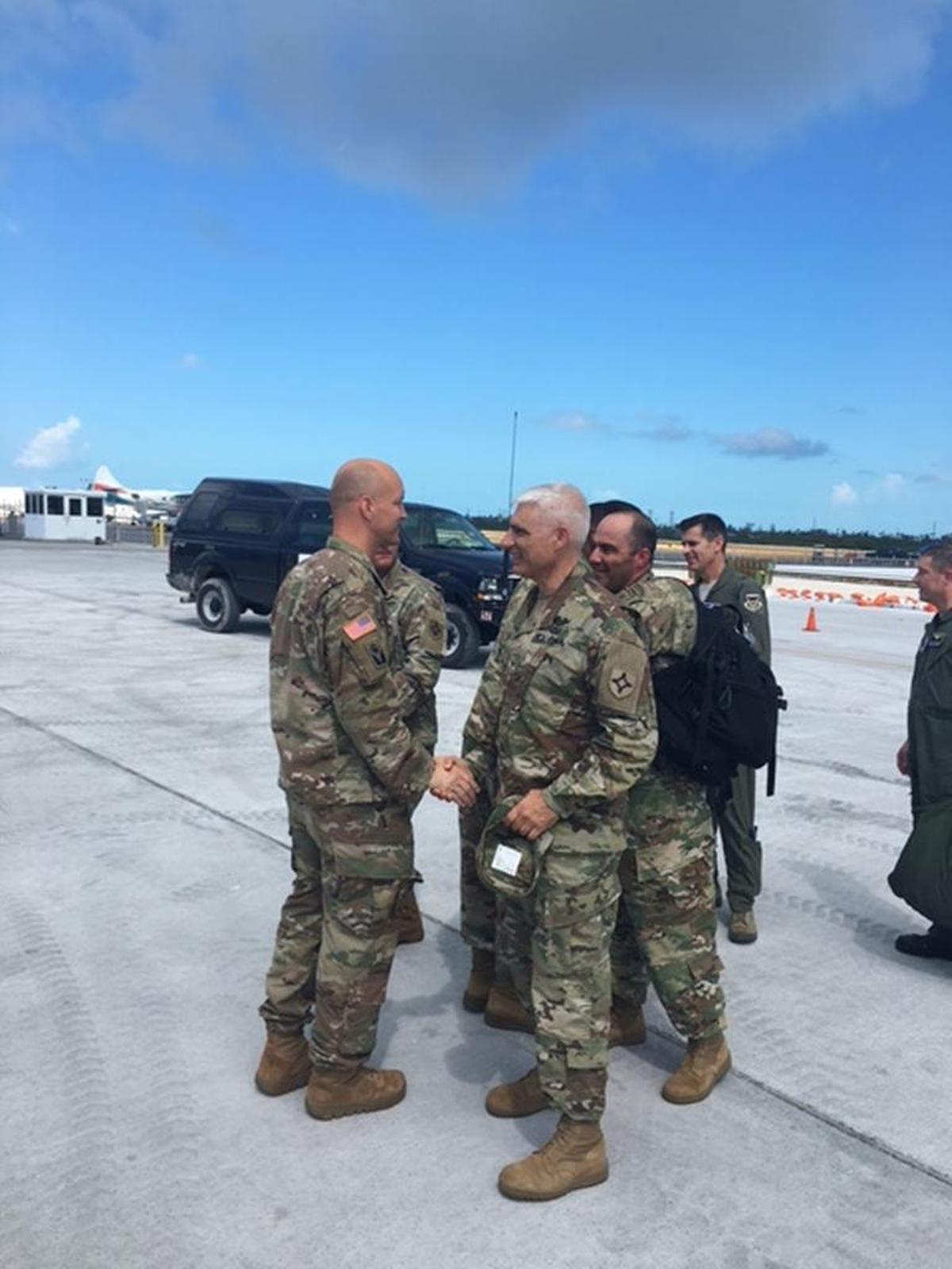 Florida National Guard Brig. Gen. Rafael “Ralph” Ralph Ribas greeting troops mobilized to respond to the aftermath of Hurricane Irma in Key West.