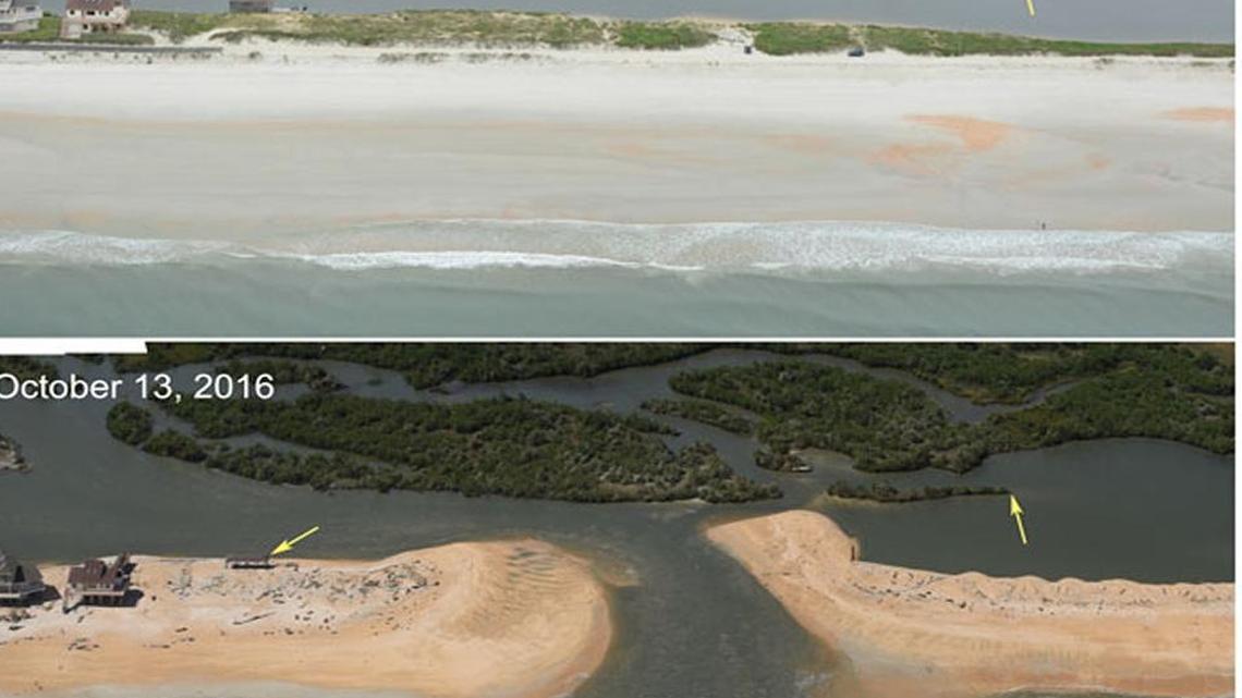 Powerful waves and storm surge from Hurricane Matthew cut a new inlet between the beach and the Matanzas River near St. Augustine and washed away a 12-foot dune earlier this month.