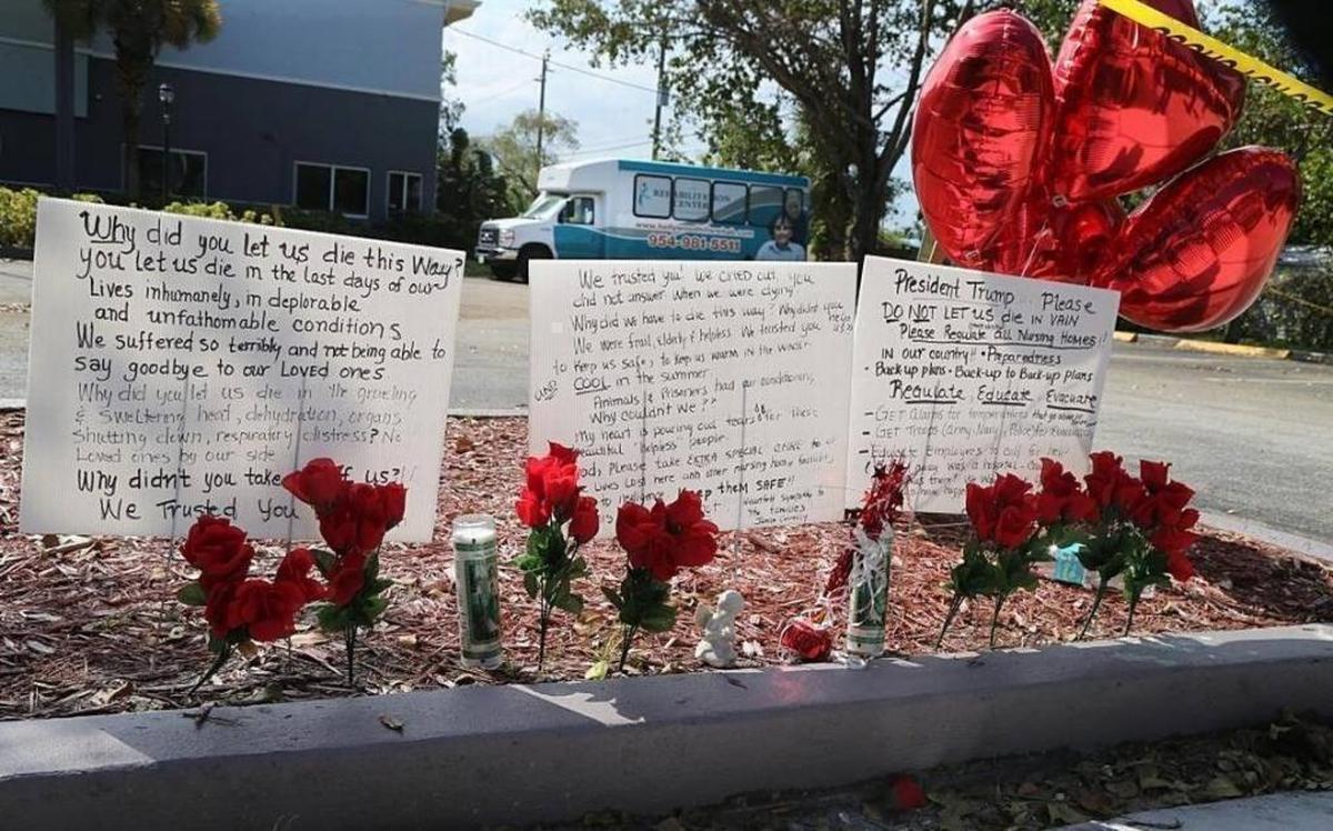 Tributes from friends and loved ones appeared outside the Rehabilitation Center at Hollywood after a string of deaths attributed to the loss of air conditioning following Hurricane Irma.