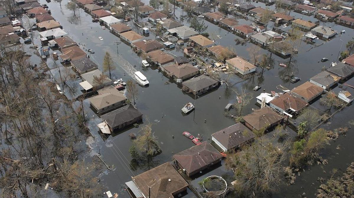 An amphibious vehicle drives through the flooded streets of St. Bernard Parish Saturday, Sept. 3, 2005, near New Orleans.