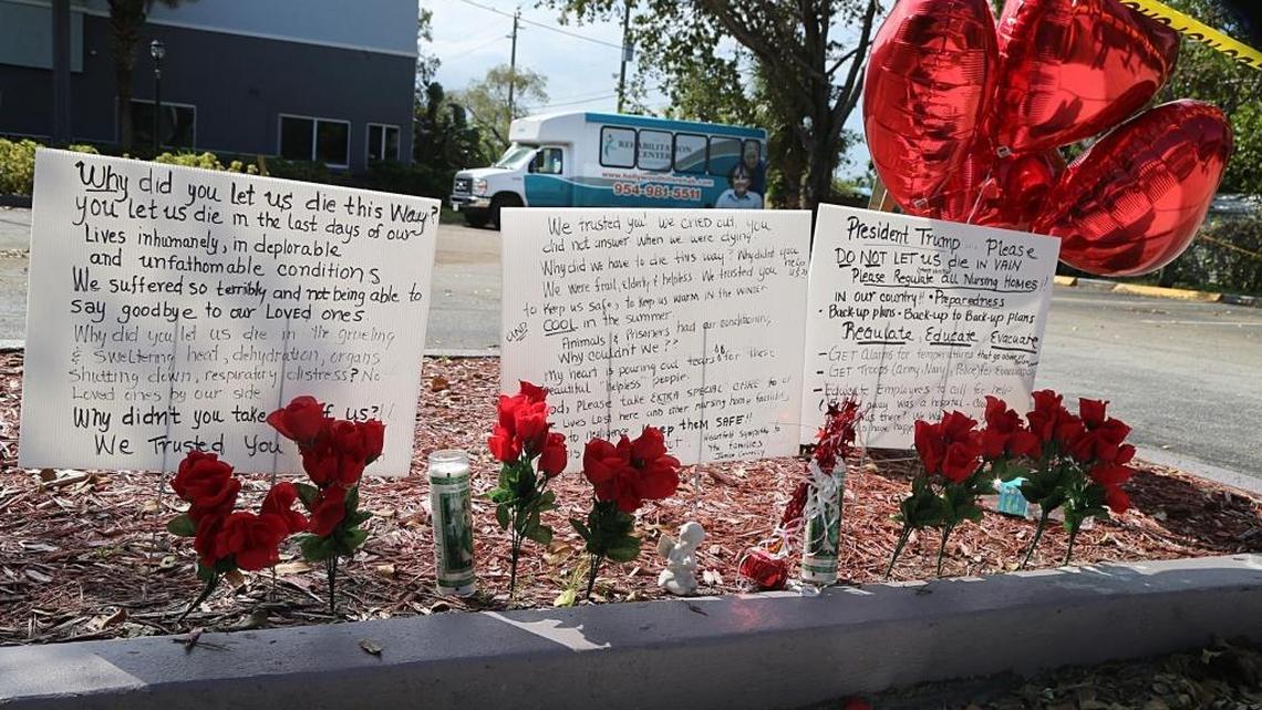 Messages left on the sidewalk of the Rehabilitation Center of Hollywood Hills nursing home a day after eight people died and a criminal investigation by local agencies continued into how the rehab center allowed patients to stay without a working air conditioning system during Hurricane Irma on Thursday September 14, 2017.
