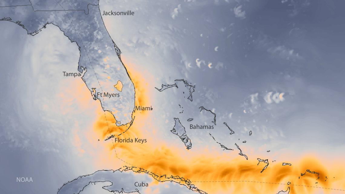 A depiction of Hurricane Irma shows hurricane-force wind gusts extending from the center of the storm. Areas in yellow and orange represent gusts over 74 mph.