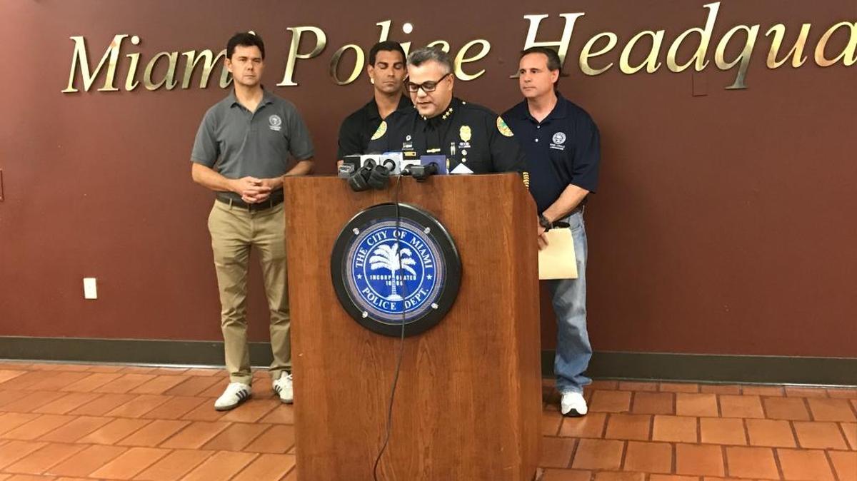 Miami police deputy chief Luis Cabrera speaks at a news conference about Hurricane Irma preparations Sept. 7, 2017. From left, Miami Commissioners Ken Russell, Francis Suarez and Frank Carollo stand behind him.