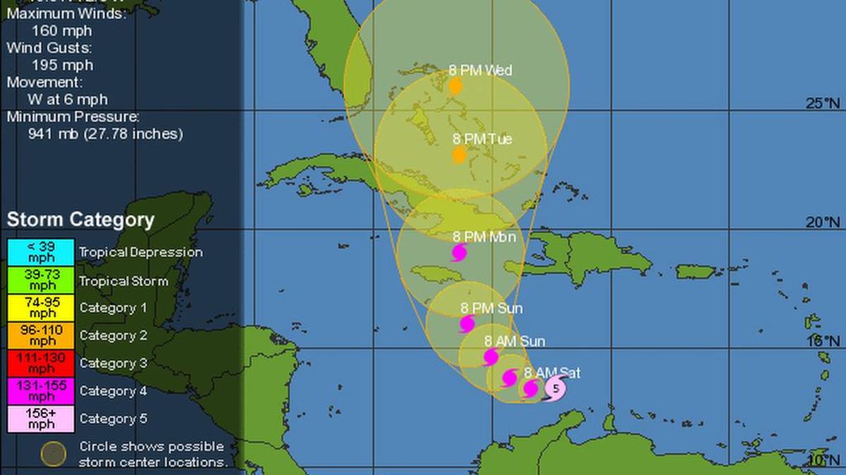 NOTE: This 5-day track from Weather Underground, published with the 11 p.m. update on Friday, used an older estimate of track forecasts and exaggerated the track cone. A forecast from the National Hurricane Center using an updated estimate projected a narrower, more accurate cone.