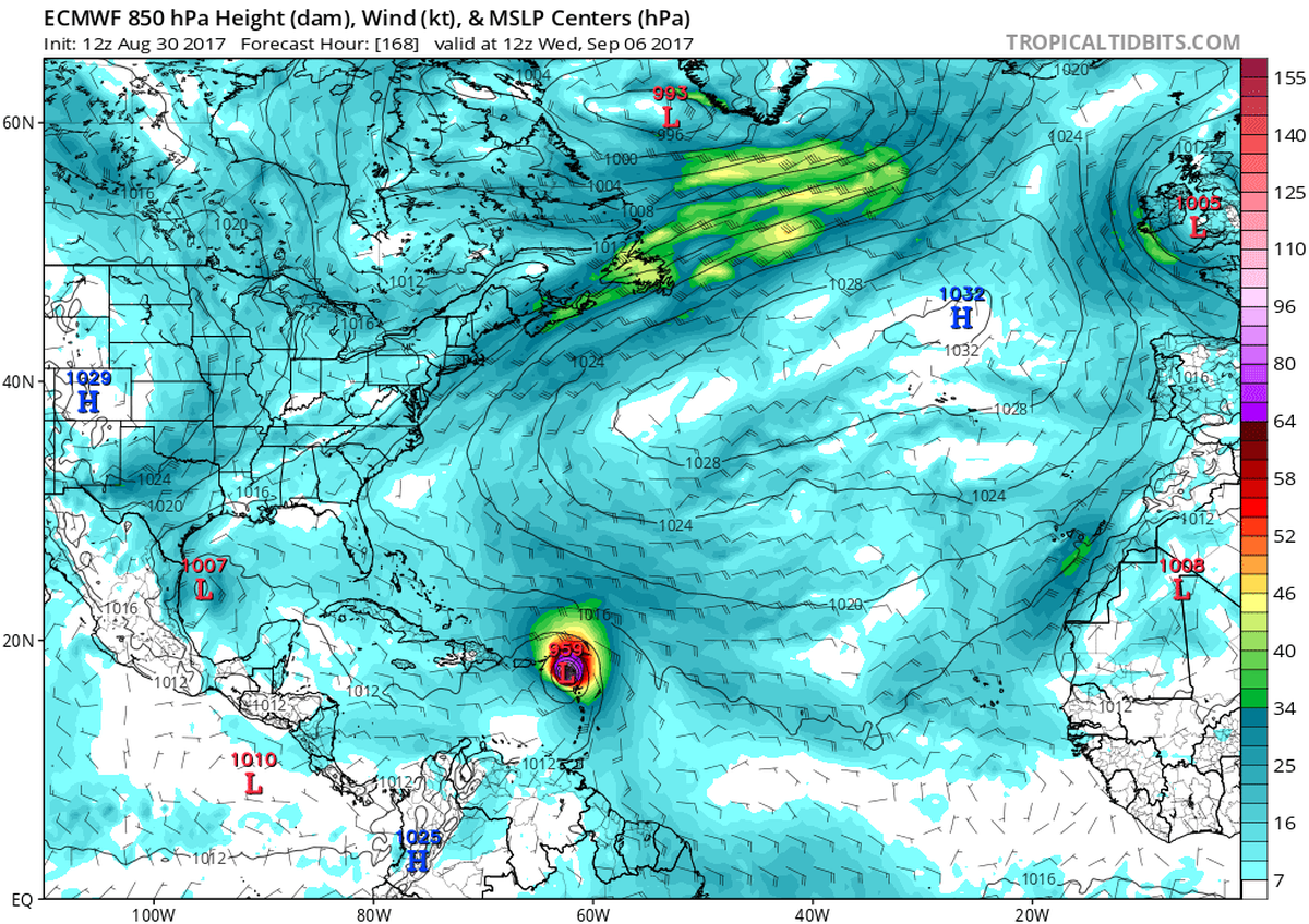 At seven days, the ensemble European forecast model shows Irma in a location where historically hurricanes impacted the U.S.